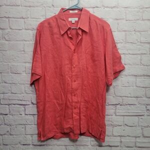 Visitor Coral Pink Button Shirt Men XL Washable Linen Beach Resort Travel Casual
